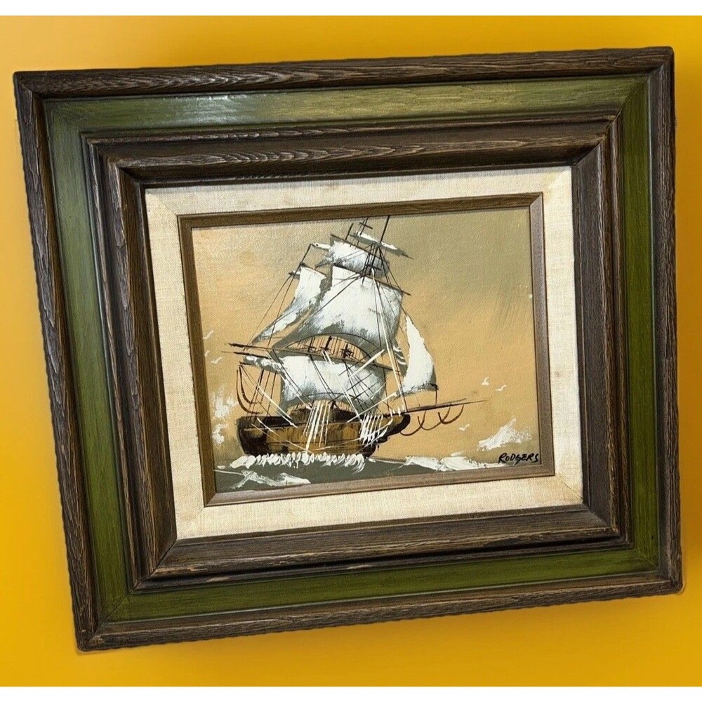 Original Oil Painting Nautical Sail Boat Ship Signed Rodgers Framed 16x19